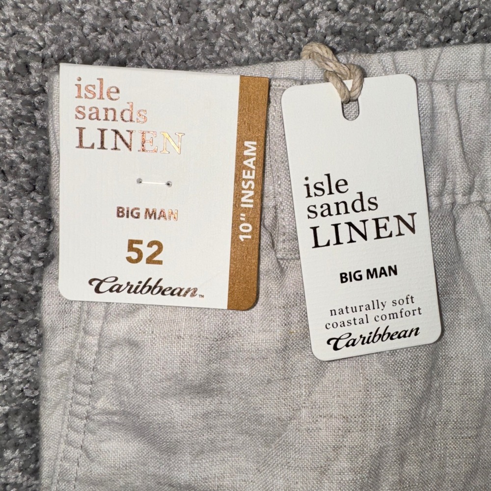 Caribbean Isle Sands Linen Shorts Mens Big Man 10" Inseam Oatmeal 52 NEW